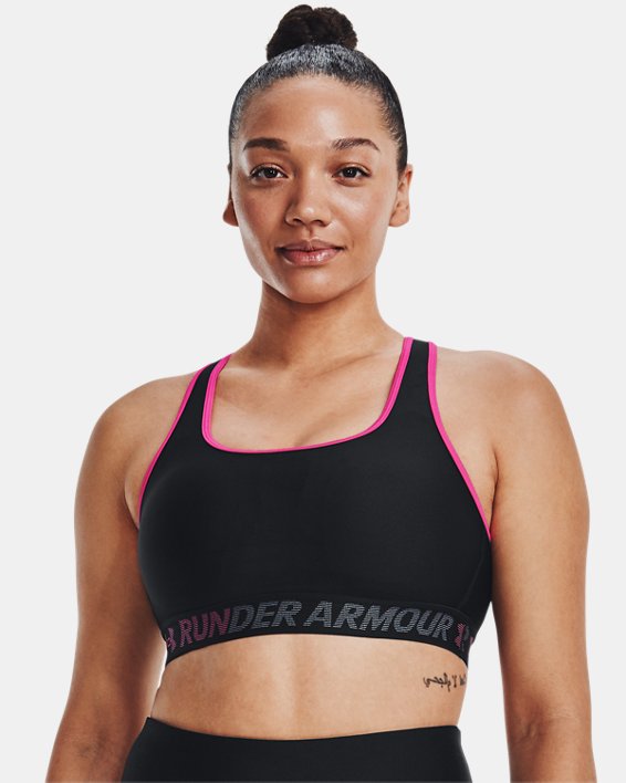Women's Armour® Mid Crossback Pocket Run Sports Bra, Black, pdpMainDesktop image number 2